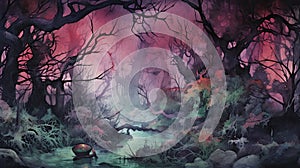 Foggy Spooky forest watercolor background. Fantasy landscape with mysterious trees. Dark scary woodland scene. Halloween