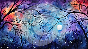 Foggy Spooky forest watercolor background. Fantasy landscape with mysterious trees. Dark scary woodland scene. Halloween