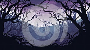 Foggy Spooky forest watercolor background. Fantasy landscape with mysterious trees. Dark scary woodland scene. Halloween