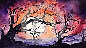 Foggy Spooky forest watercolor background. Fantasy landscape with mysterious trees. Dark scary woodland scene. Halloween