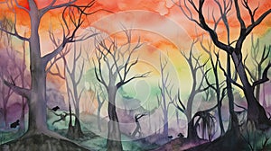 Foggy Spooky forest watercolor background. Fantasy landscape with mysterious trees. Dark scary woodland scene. Halloween