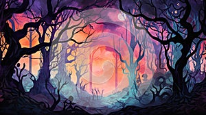 Foggy Spooky forest watercolor background. Fantasy landscape with mysterious trees. Dark scary woodland scene. Halloween