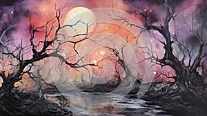 Foggy Spooky forest watercolor background. Fantasy landscape with mysterious trees. Dark scary woodland scene. Halloween