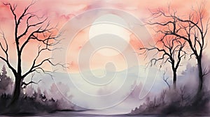 Foggy Spooky forest watercolor background. Fantasy landscape with mysterious trees. Dark scary woodland scene. Halloween