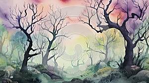 Foggy Spooky forest watercolor background. Fantasy landscape with mysterious trees. Dark scary woodland scene. Halloween