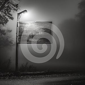 A foggy street sign under a light