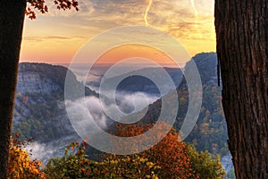 Foggy Sunrise Over Letchworth State Park In New York