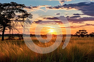 Foggy sunrise over the meadow at Masai Mara National Park, Kenya, Sunrise over the savanna and grass fields in central Kruger