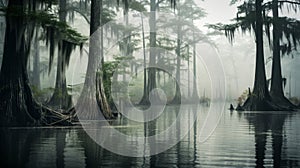 A foggy swamp with cypress trees and water in the background