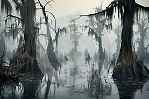 Foggy swamp with twisted trees