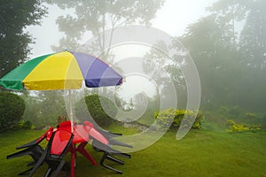 Foggy Weather at Mountain Offbeat Village Lungchok at East Sikkim With Green Grass and Chair Table