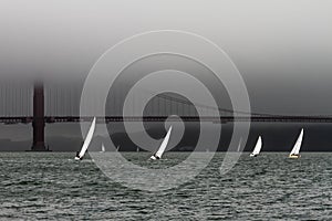 Foggy and windy morning Golden Gate Bridge San Francisco California