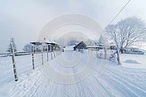 Foggy winter day on the village streets