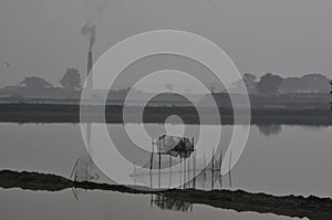 foggy winter morning at fishery near north 24 pargana