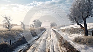 Foggy winter road in the countryside with trees in hoarfrost