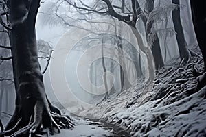 Foggy winter veil envelops the quiet and ancient beech forest