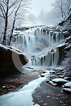 Foggy winter waterfall and melting snow AI generated art