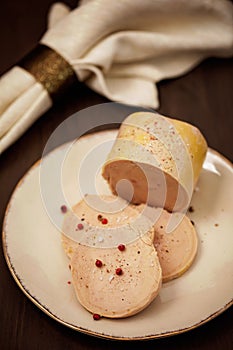 Foie gras, goose liver traditional french starter for winter holidays celebration.