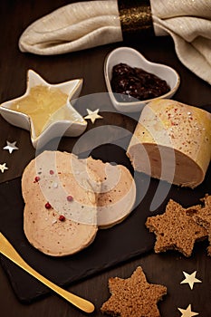 Foie gras, goose liver traditional french starter for winter holidays celebration.