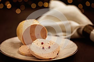 Foie gras, goose liver traditional french starter for winter holidays celebration.