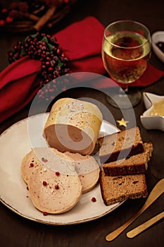 Foie gras, goose liver traditional french starter for winter holidays celebration.