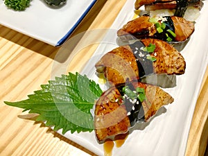 Foie gras Onigiri on white plate in the japanese restaurant