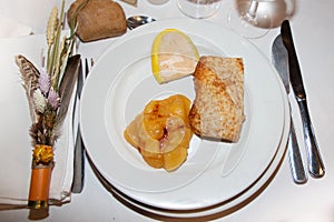 Foie gras plate of fatty times in restaurant