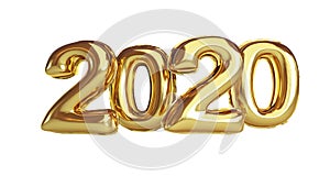 Foil balloon 2020 Gold Happy New Year  on a white background 3D illustration, 3D rendering