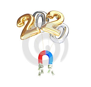 Foil balloon 2020 New Year magnet attracts dollars on a white background 3D illustration, 3D rendering