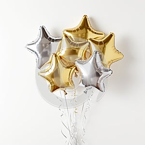 Foil balloons in the form of a star. Gold and silver balloons