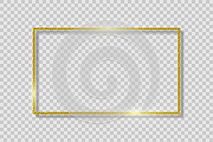 Foil golden frame on transparent background with shadow. Gold rectangle border is made of foil texture with glow shine and light