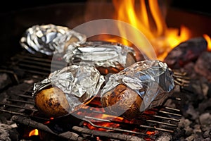 foil-wrapped baked potatoes nestled in smouldering campfire coals