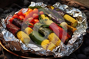 foil-wrapped vegetable medley cooking on hot coals