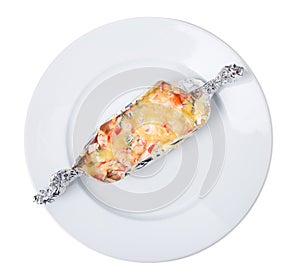 Foiled chicken fillet with cheese and vegetables.