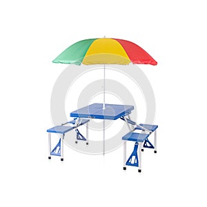 Fold able and portable picnic table with sunshade photo