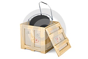 Foldable Mini Trampoline, Fitness Rebounder inside wooden box, delivery concept. 3D rendering