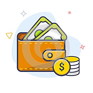 Foldable wallet outline vector icon. Bi-fold wallet with money.