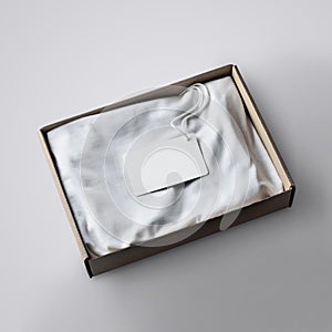 Folded  blank T-shirt with white label  in the cartoon box on the studio background