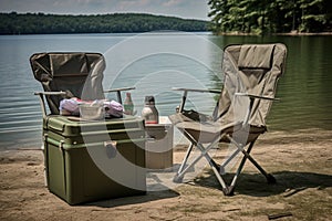 folded camping chairs beside a cooler