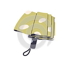 Folded closed compact umbrella with handle, loop. Rainy weather accessory with foldable collapsible canopy. Rain