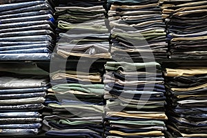 Folded clothes in rack in cloth store