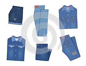 Folded denim clothes. Trendy various fashion jeans garment blue shorts, breeches and pants, jacket, shirt and overalls