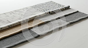 Folded fabric samples in various patterns and textures are arranged in a stack. The