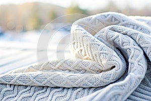 Folded grey knitted blanket, cozy texture