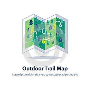 Folded hiking map, forest trail, orienteering game, landscape with hills and trees, ecological footpath