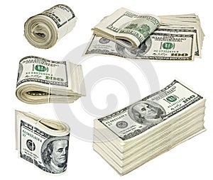 Folded hundred dollar bills isolated on white