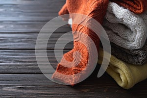 Folded knitted warm sweaters, half-overs or blankets. Autumn and winter clothes.