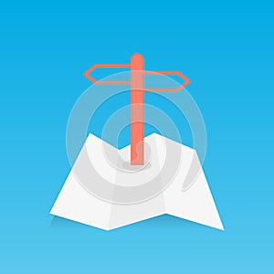Folded map with a signpost. Vector illustration, flat design