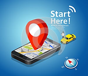 Folded maps, car navigation on mobile phone vector, with red color point markers