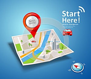 Folded maps car navigation with red color point markers concept design on blue background